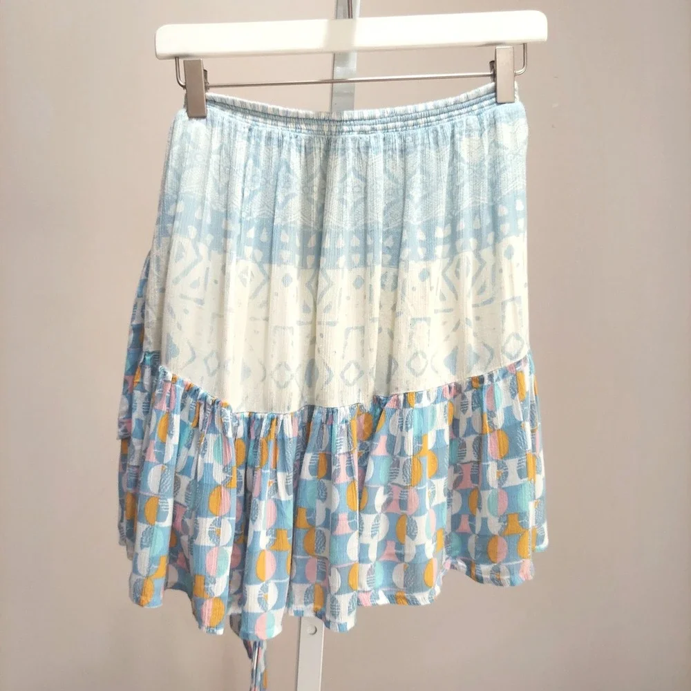 Free People Naomi Blue Mixed Print Ruffle Mini Skirt L Tie Belt Boho Festival